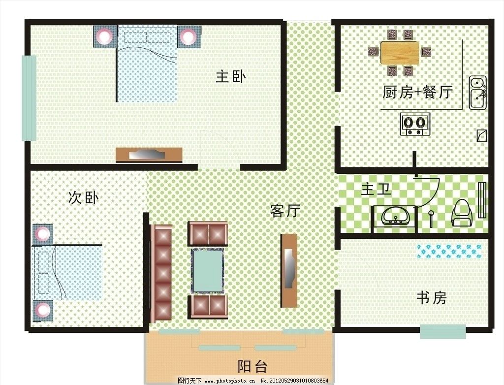 專業(yè)室內平面設計 整合書房、沙發(fā)、電視機、床及其他元素打造理想空間